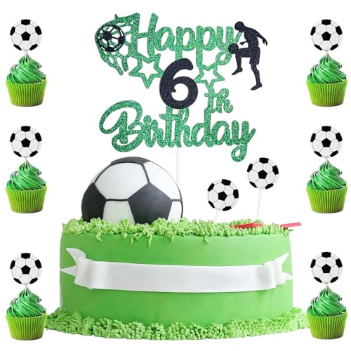 9 Stück Tortendeko Fussball 6. Geburtstag,Cake Topper 6. Geburtstag,1 Doppelseitiger Glitter Cake Topper Geburtstag and 8 Fussball Cupcakes Dekorationen für Jungen Theme Sport Party von BIGJIYU