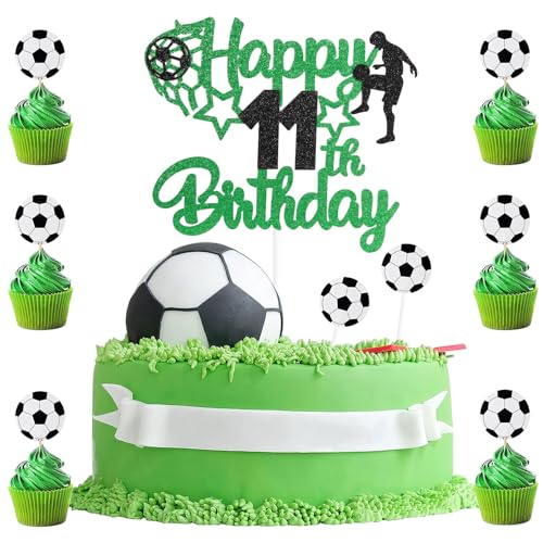 9 x Fußball-Kuchenaufsätze, 11. und 11 Jahre altes Fußball-Kuchenaufsatz, 1 doppelseitiger Glitzer-Kuchenaufsatz mit 8 Fußball-Cupcake-Dekorationen für Kinder, Jungen, Sport-Partyzubehör, von BIGJIYU