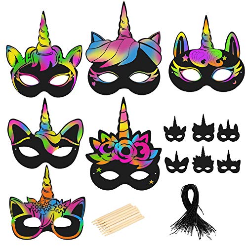 BIGKASI 24Pcs Einhorn Kratzbilder Bastelset DIY Masken Kratzpapier Unicorn Scratch Basteln mit Holzstiften und Gummiband Kreatives Bastelset für Mädchen Jungen Geschenk Kinder Geburtstag Party, Schwarz von BIGKASI