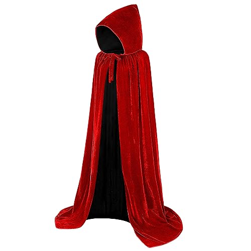 BIGLUFU Halloween Umhang mit Kapuze, Lang Satin Samt Cape Vampir Teufel Kostüm, Unisex Umhang Karneval für Damen Herren Kinder Erwachsene Halloween Kostüm Fasching Cosplay Themenparty von BIGLUFU