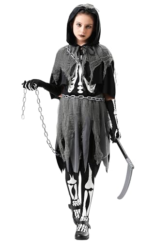 BIGLUFU Sensenmann Halloween Kostüm Kinder Sensenmann Halloween Kostüm mädchen Grim Reaper Kostüm Kinder mit Sense Kette Gürtel für Halloween Cosplay Dress Up Party, L von BIGLUFU