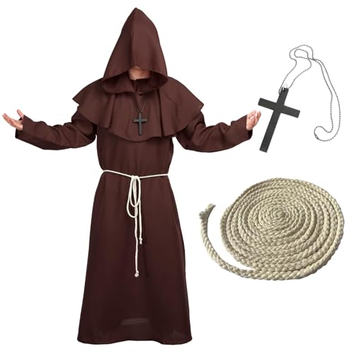 BIGLUFU Mönch Robe Prister Gewand Kostüm mit Kapuze Mittelalterliche Kapuze Herren Mönchskutte Priester Robe Halloween Cosplay (Braun, S) von BIGLUFU