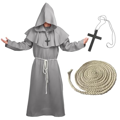 BIGLUFU Mönch Robe Prister Gewand Kostüm mit Kapuze Mittelalterliche Kapuze Herren Mönchskutte Priester Robe Halloween Cosplay (Grau, L) von BIGLUFU