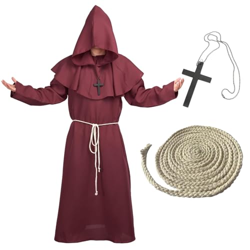 BIGLUFU Mönch Robe Prister Gewand Kostüm mit Kapuze Mittelalterliche Kapuze Herren Mönchskutte Priester Robe Halloween Cosplay (Rot, M) von BIGLUFU