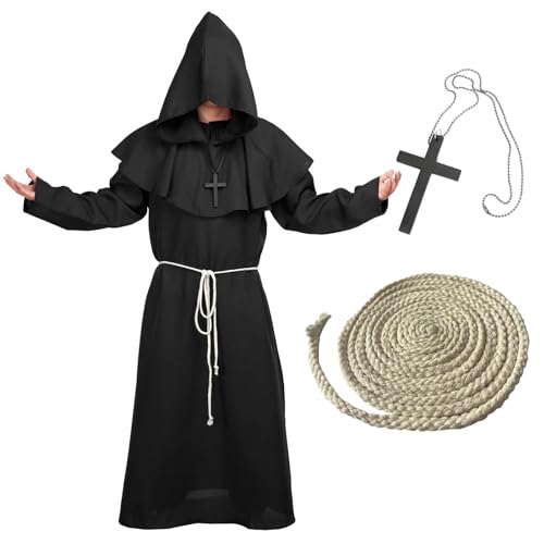 BIGLUFU Mönch Robe Prister Gewand Kostüm mit Kapuze Mittelalterliche Kapuze Herren Mönchskutte Priester Robe Halloween Cosplay (Schwarz, M) von BIGLUFU