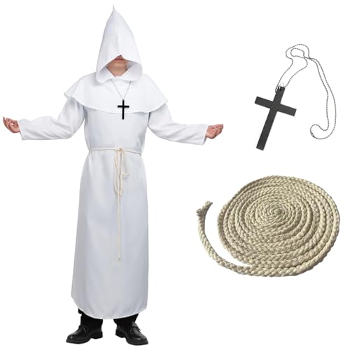 BIGLUFU Mönch Robe Prister Gewand Kostüm mit Kapuze Mittelalterliche Kapuze Herren Mönchskutte Priester Robe Halloween Cosplay (Weiß, L) von BIGLUFU