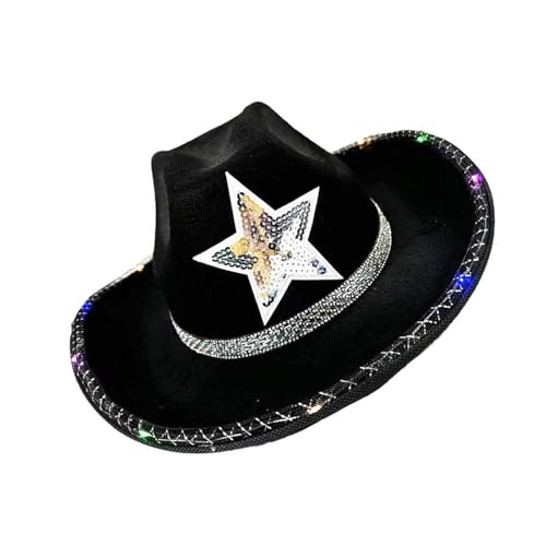 BIGULA Bride Hat Shimmering Glowing Cowgirl Hats Light Up Panama Hat Sequined Star For Music Festival von BIGULA