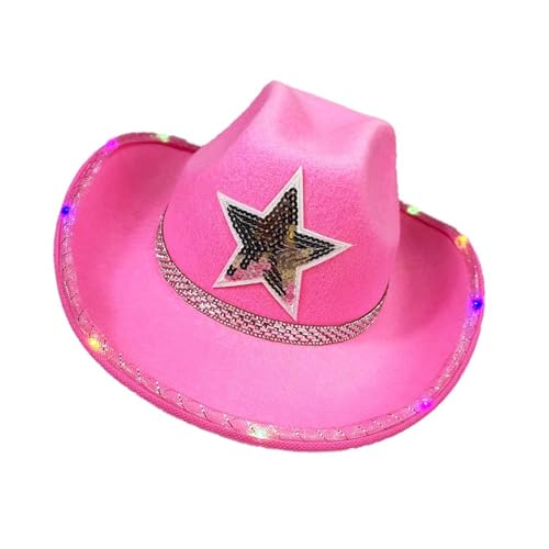 BIGULA Bride Hat Shimmering Glowing Cowgirl Hats Light Up Panama Hat Sequined Star For Music Festival von BIGULA