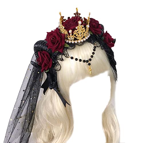 BIGULA Gothic Schafhorn Rose Blume Stirnband Spitze & Dekor Kopfschmuck Kopfschmuck Fasching Kopfbedeckung Cosplay Haarschmuck von BIGULA