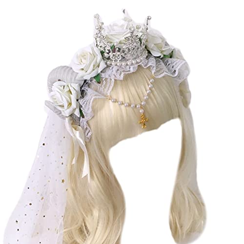 BIGULA Gothic Schafhorn Rose Blume Stirnband Spitze & Dekor Kopfschmuck Kopfschmuck Fasching Kopfbedeckung Cosplay Haarschmuck von BIGULA