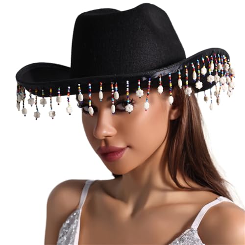 BIGULA Westernhut für Damen, Cosplay, Rollkrempe, Hut, Fransen, Strass, Hut, Junggesellinnenabschied, Kopfbedeckung, Zubehör von BIGULA