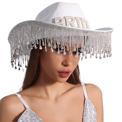 BIGULA Westernhut für Damen, Cosplay, Rollkrempe, Hut, Fransen, Strass, Hut, Junggesellinnenabschied, Kopfbedeckung, Zubehör von BIGULA