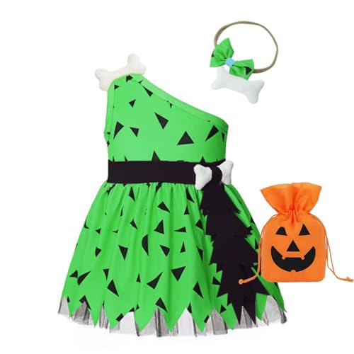 BIISDOST Höhlenmensch-Kostüm für Kleinkinder, Mädchen, Halloween, historisches Höhlenmädchen, Netz-Tüllkleid, Outfits, Baby-Mädchen-Outfit (grün, 18–24 Monate) von BIISDOST