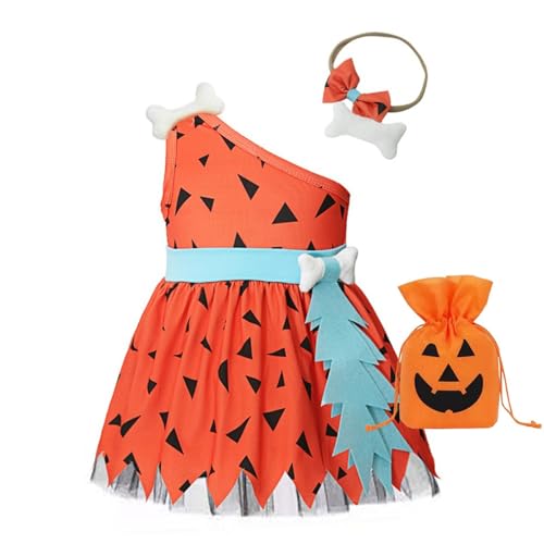 BIISDOST Höhlenmensch-Kostüm für Kleinkinder, Mädchen, Halloween, historisches Höhlenmädchen-Netz-Tüllkleid, Outfits, Baby-Mädchen-Outfit (Orange, 12–18 Monate) von BIISDOST