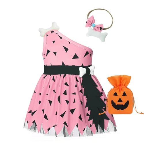 BIISDOST Höhlenmensch-Kostüm für Kleinkinder, Mädchen, Halloween, historisches Höhlenmädchen-Netz-Tüllkleid, Outfits, Baby-Mädchen-Outfit (Rosa, 12–18 Monate) von BIISDOST