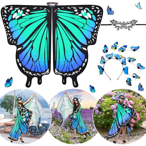 BILDHM Schmetterling Kostüm Damen Schmetterlingsflügel Erwachsene Schmetterling Umhang Schal Poncho mit Damen Spitze Maske, Schmetterling Haarreif für Halloween Weihnachten Cosplay Karneval, Blau von BILDHM