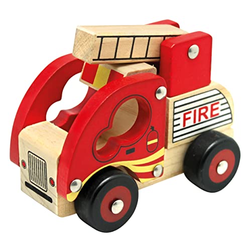 Bino & Mertens 84080 Bino Holzauto Feuerwehr Holzspielzeug Feuerwehrauto Spielzeug für Kinder ab 12 Monate (ausklappbare Leiter, Hart-PVC-Reifen, fördert Hand-/Augen-Koordination, Maße: 17 x 12 x 9 cm), Rot von Bino world of toys