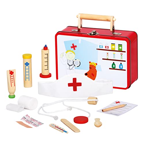 Bino Arztkoffer mit Zubehör, Spielzeug für Kinder ab 3 Jahre, Kinderspielzeug (Arztkoffer Kinder, 13 teilig, Zubehör aus Holz, inkl. Stethoskop, Thermometer, Spritze, Salbe & vieles mehr), Mehrfarbig von Bino world of toys