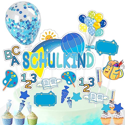 BINXIRUI 27pcs Tortendeko, Kuchendeko Einschulung Mädchen Junge, Cake Topper für 1. Schultag Schulanfang Party Deko (Blau) von BINXIRUI