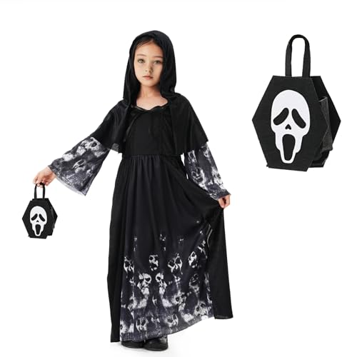 BINXWA Halloween sensenmann kostüm kinder,scream kostüm halloween kinder,Inklusive schwarzes kleid halloween mit Kapuze,Skelett Tasche Girl halloween kostüm kinder Ghost für Cosplay party von BINXWA