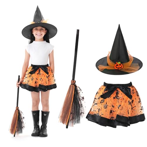 BINXWA Halloween hexenkostüm kinder,3 Stück hexenkostüm mädchen,enthält orange schwarzer tüllrock kinder,hexenhut kinder,hexenbesen kinder,halloween kostüm kinder Geeignet für Halloween,Show,Cosplay von BINXWA