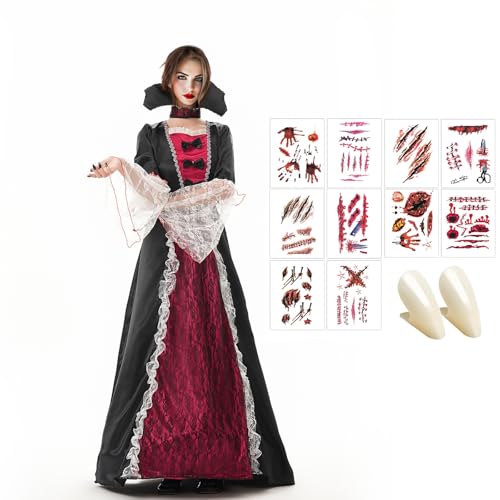 BINXWA Vampir kostüm damen kleid,halloween kostüm damen vampir kleid,rote schwarzes kleid damen halloween mit vampir zähne erwachsene,vampir tattoo,geeignet für Halloween verkleiden,karneval,Cosplay von BINXWA