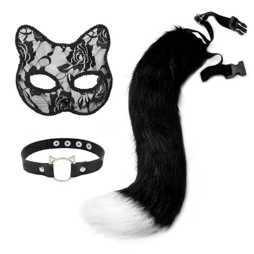 BINXWA Maske fuchs kostüm,Katzenmaske erwachsene kinder,Inklusive maske weiß schwarz und fuchs katzenschwanz,Halskette,für Party,Cosplay,Bühnenauftritt von BINXWA