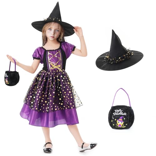 BINXWA Hexenkostüm kinder,halloween kostüm kinder mädchen,hexenkostüm mädchen set mit hexenhut kinder,halloween tasche,kinder kostüm halloween für halloween party cosplay party von BINXWA