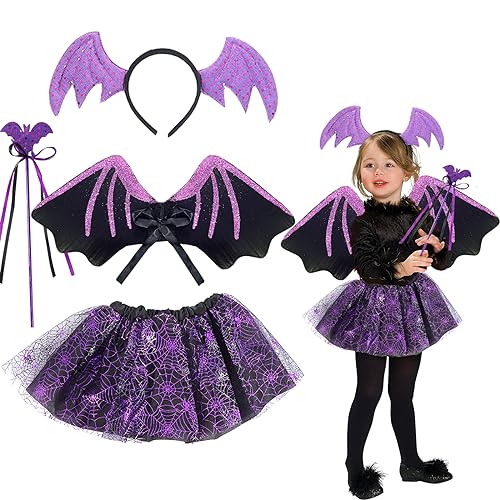 BINXWA halloween kostüm kinder fledermaus,4 Stück halloween kostüm mädchen Fledermaus Tutu,halloween kinder kostüme Mädchen 3-8 Jahre Für Party Mottoparty Fasching von BINXWA