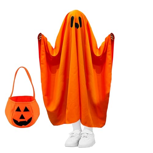 BINXWA Gespenst kostüm kinder, halloween geist umhang orange, halloweenkostüm themenpartys Kostüme für 6-12 Jährige mit Kürbis Tragetasche von BINXWA