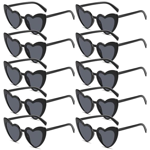 Herz Sonnenbrille Partybrille Set Herzform Brille JGA Brillen Herzbrille 90er Jahre Hippie Herzförmige Brille Herzchen Brille für Party Hochzeit Karneval Halloween 10 Stück (Schwarz) von BINYI