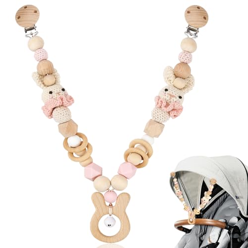 Kinderwagenkette Holz für Mädchen Junge Kinderwagen Spielzeug Mobile Kinderwagen Accessoires Kette für Babys Montessori Neugeborenen Spielzeug Baby Kinderwagenspielzeug für Babyschale (Kaninchen) von BINYI