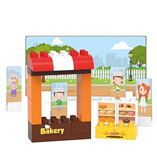 BiOBUDDi BB-0135 - Bausatz Bäckerei, biologische Bausteine zum Stecken, kompatibel zu anderen Marken, hergestellt aus Bio Kunststoff, 20 Klemmbausteine, Spielhintergrund und Pappspielfiguren von BIOBUDDI