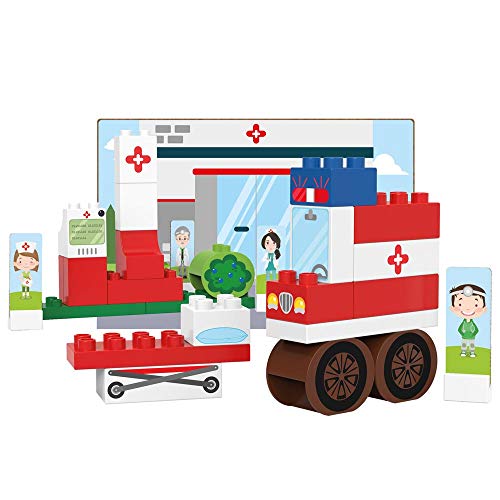 BiOBUDDi BB-0131 - Bausatz Krankenwagen, biologische Bausteine zum Stecken, kompatibel zu anderen Marken, hergestellt aus Bio Kunststoff, 28 Klemmbausteine, Spielhintergrund und Pappspielfiguren von BIOBUDDI