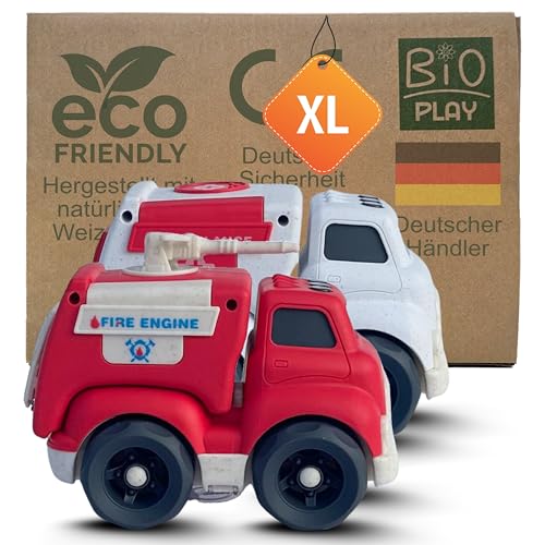 BIOPLAY® 2-er XL Truck Set | Bio Kunststoff | Nachhaltiges Spielzeug ab 1 Jahr für Jungen und Mädchen | Indoor und Outdoor | Feuerwehr | Krankenwagen von BIOPLAY