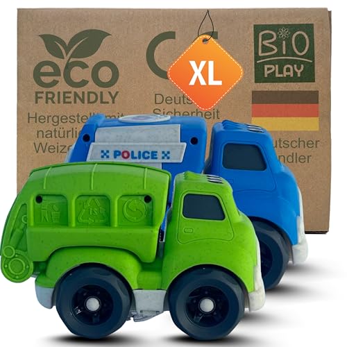 BIOPLAY® 2-er XL Truck Set | Bio Kunststoff | Nachhaltiges Spielzeug ab 1 Jahr für Jungen und Mädchen | Indoor und Outdoor | Polizei | Recyclingfahrzeug von BIOPLAY