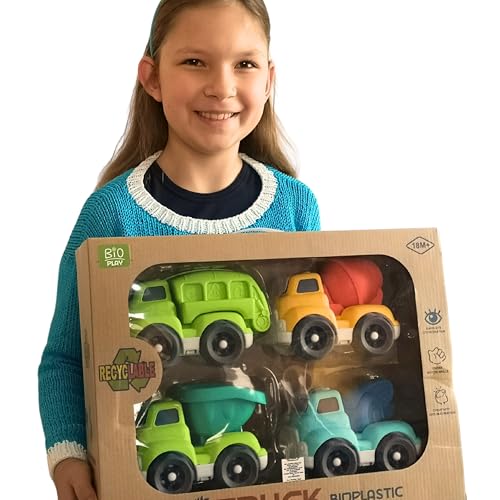 BIOPLAY® 4-er XL Truck Geschenk-Set | Bio Kunststoff | Nachhaltiges Spielzeug ab 1 Jahr für Jungen und Mädchen | Kipplaster - Betonmischer von BIOPLAY