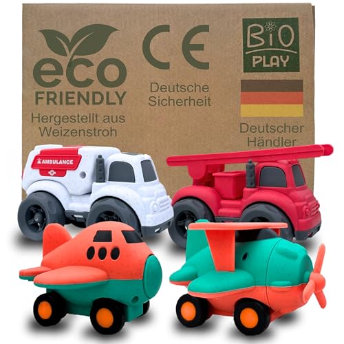 BIOPLAY® Spielzeug Auto & Flugzeug [4er Set] aus nachhaltigem Bio-Kunststoff | B-Ware mit kleinen Verpackungsschäden | Sandkasten Spielzeug ab 1 Jahr Junge oder Mädchen von BIOPLAY