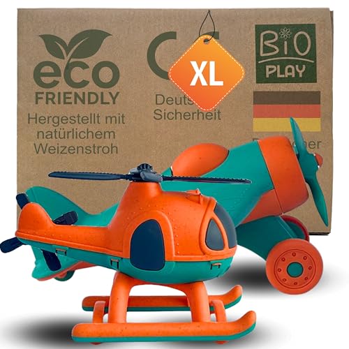 BIOPLAY® Flugzeug und Helikopter 2-er Set | Bio Kunststoff | Flugzeug Spielzeug ab 2 Jahre für Jungen und Mädchen | Indoor und Outdoor | Flieger | Hubschrauber von BIOPLAY