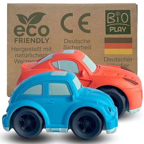 BIOPLAY® Spielauto 2-er Set Käfer und Scuderia-Style Rennwagen | Bio Kunststoff | Nachhaltiges Spielzeug ab 1 Jahr für Jungen und Mädchen | Spielzeug für 1 jährige von BIOPLAY