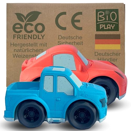 BIOPLAY® Spielauto 2-er Set Rennwagen Scuderia-Style und Pickup | Bio Kunststoff | Nachhaltiges Spielzeug ab 1 Jahr für Jungen und Mädchen | Spielzeug 18 Monate von BIOPLAY