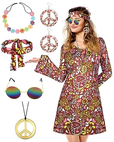 BIQIQI 70er Jahre Hippie Kostüm Set für Damen, mit Accessoires, Damen Disco Outfit, Hippie Anzug Kleidung, 70er 60er Jahre Anzug für Damen, Erwachsene, Karneval, Maskerade, Halloween Kostüm (L) von BIQIQI