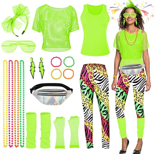 BIQIQI 80er 90er Jahre Outfit Damen Set, 80s 90s Retro Trainingsanzug Kostüm Accessoires, T-Shirt, Netzshirt, Gürteltasche, Ohrring, Halskette, Netzhandschuhe, Leggings, Beinwärmer von BIQIQI