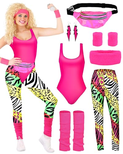 BIQIQI 80er Jahre Outfit Damen Set Retro Trainingsanzug Kostüm 80s 90s Kleidung Kostüm Accessoires Clothes Trikot, Leggings, Stirnband, Armbänder, Beinwärmer, Ohrringe, Gürteltasche von BIQIQI