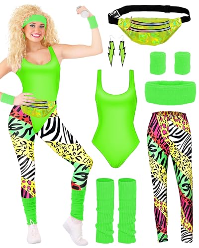 BIQIQI 80er Jahre Outfit Damen Set Retro Trainingsanzug Kostüm 80s 90s Kleidung Kostüm Accessoires Clothes Trikot, Leggings, Stirnband, Armbänder, Beinwärmer, Ohrringe, Gürteltasche von BIQIQI