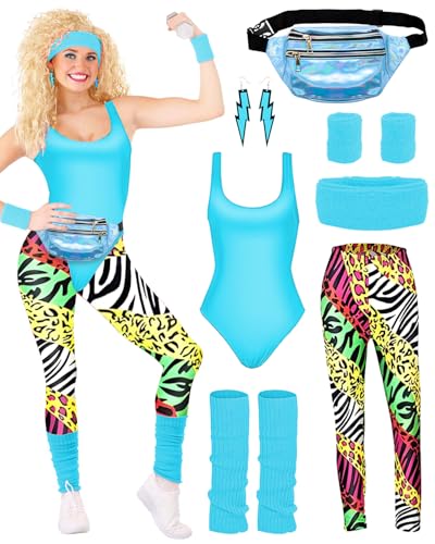 BIQIQI 80er Jahre Outfit Damen Set Retro Trainingsanzug Kostüm 80s 90s Kleidung Kostüm Accessoires Clothes Trikot, Leggings, Stirnband, Armbänder, Beinwärmer, Ohrringe, Gürteltasche von BIQIQI