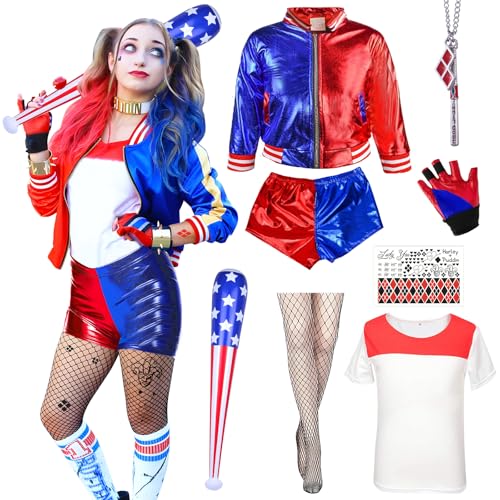 BIQIQI Clown Kostüme Erwachsene, Clown Quinn Cosplay Kostüme mit T-Shirt Jacke Shorts Baseballschläger Netzstrümpfe und Tatto Clown kostüm Damen für Halloween Karneval Joker Fasching Cosplay L von BIQIQI