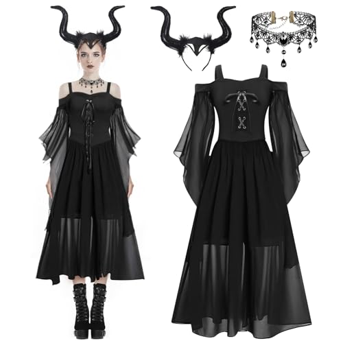 BIQIQI Halloween Gothic Kleid Kostüm Damen, Mittelalter Gothic Kleidung Damen, Trompetenärmel Schwarz Hexenkleid mit Dämonenhorn Spitze Kette, für Halloween Cosplay Viktorianisches Kleid von BIQIQI