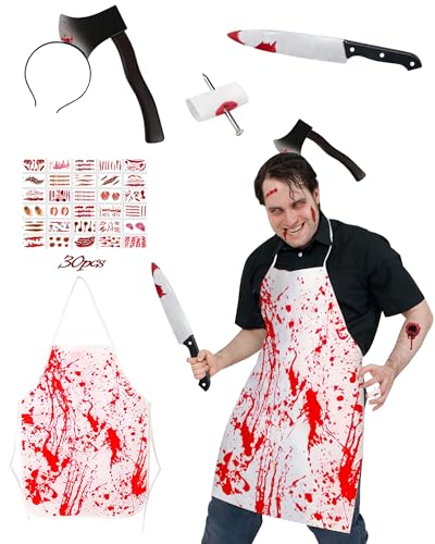 BIQIQI Metzger Kostüm Halloween, 5 Stück Halloween Kostüm Halloween Accessoires für Damen/Herren, mit Halloween Schürze, Halloween Messer im Kopf, Halloween Narben Tattoos, Messer mit Blut von BIQIQI