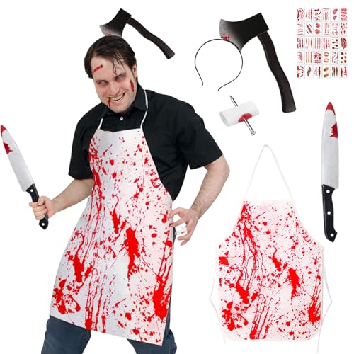 BIQIQI Metzger Kostüm Halloween, 5 Stück Halloween Kostüm Halloween Accessoires für Damen/Herren, mit Halloween Schürze, Halloween Messer im Kopf, Halloween Narben Tattoos, Messer mit Blut von BIQIQI